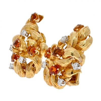 David Webb DAVID WEBB PLATINUM 18K YELLOW GOLD DIAMOND AND CITRINE CLIP ON EARRINGS