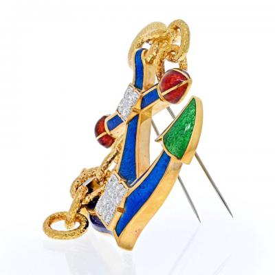 David Webb DAVID WEBB PLATINUM 18K YELLOW GOLD DIAMOND AND ENAMEL ANCHOR PENDANT BROOCH