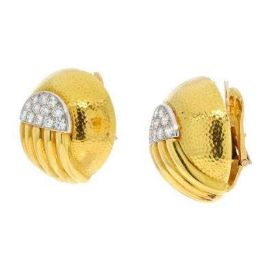 David Webb DAVID WEBB PLATINUM 18K YELLOW GOLD DIAMOND DOME ROUND CLIP ON EARRINGS