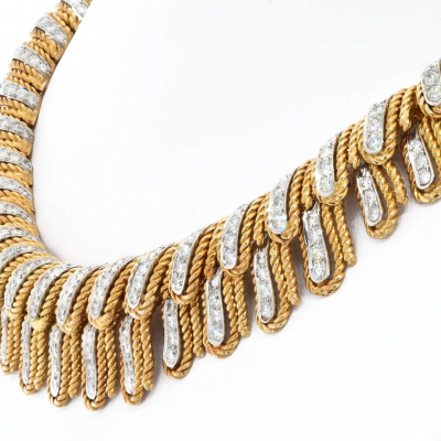 David Webb DAVID WEBB PLATINUM 18K YELLOW GOLD DIAMOND FEATHER COLLAR ROPE NECKLACE