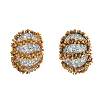 David Webb DAVID WEBB PLATINUM 18K YELLOW GOLD DIAMOND OVAL CLIP ON EARRINGS