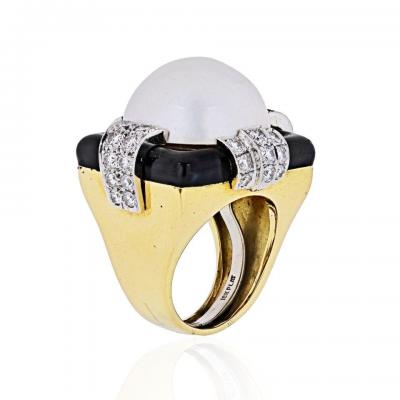 David Webb DAVID WEBB PLATINUM 18K YELLOW GOLD DIAMOND PEARL BLACK ENAMEL BOMBE RING