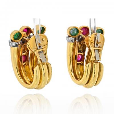 David Webb DAVID WEBB PLATINUM 18K YELLOW GOLD DIAMOND RUBY GREEN EMERALD EARRINGS