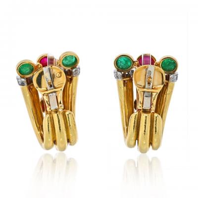 David Webb DAVID WEBB PLATINUM 18K YELLOW GOLD DIAMOND RUBY GREEN EMERALD EARRINGS