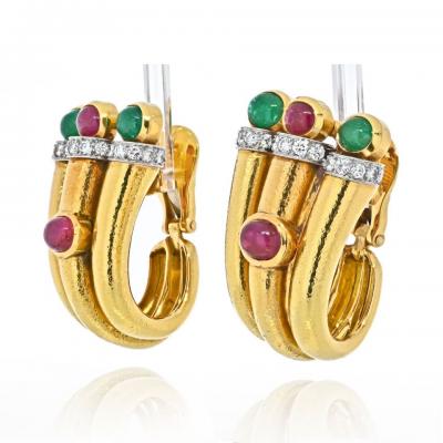 David Webb DAVID WEBB PLATINUM 18K YELLOW GOLD DIAMOND RUBY GREEN EMERALD EARRINGS