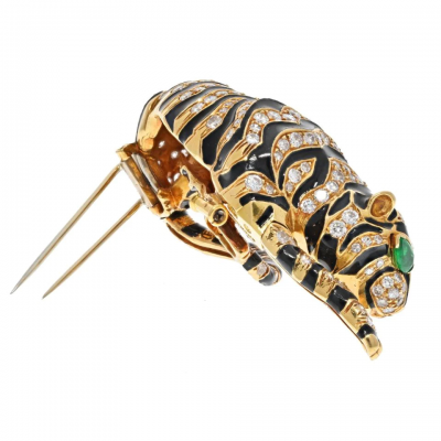 David Webb DAVID WEBB PLATINUM 18K YELLOW GOLD DIAMOND TIGER AND BLACK ENAMEL BROOCH