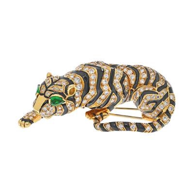 David Webb DAVID WEBB PLATINUM 18K YELLOW GOLD DIAMOND TIGER AND BLACK ENAMEL BROOCH