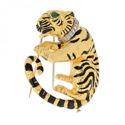 David Webb DAVID WEBB PLATINUM 18K YELLOW GOLD DIAMOND TIGER ANIMAL BROOCH