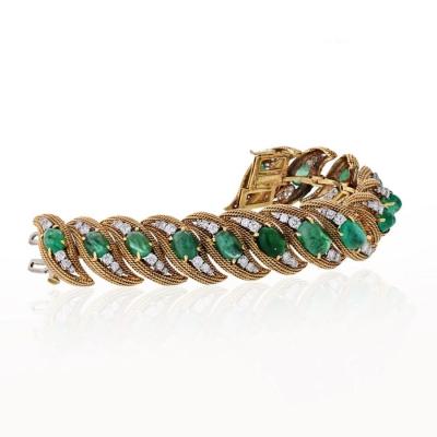 David Webb DAVID WEBB PLATINUM 18K YELLOW GOLD DIAMONDS CABOCHON EMERALDS BRACELET