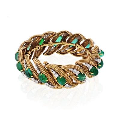 David Webb DAVID WEBB PLATINUM 18K YELLOW GOLD DIAMONDS CABOCHON EMERALDS BRACELET