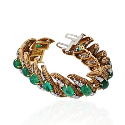 David Webb DAVID WEBB PLATINUM 18K YELLOW GOLD DIAMONDS CABOCHON EMERALDS BRACELET