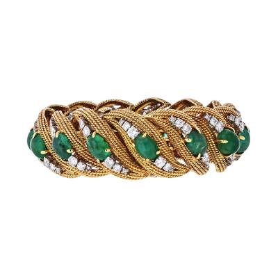 David Webb DAVID WEBB PLATINUM 18K YELLOW GOLD DIAMONDS CABOCHON EMERALDS BRACELET