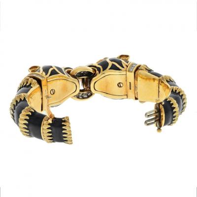 David Webb DAVID WEBB PLATINUM 18K YELLOW GOLD DOUBLE HEAD LION IN BLACK ENAMEL BRACELET