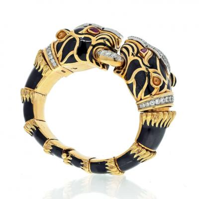 David Webb DAVID WEBB PLATINUM 18K YELLOW GOLD DOUBLE HEAD LION IN BLACK ENAMEL BRACELET