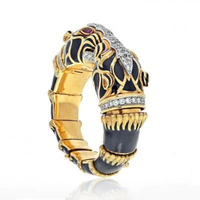 David Webb DAVID WEBB PLATINUM 18K YELLOW GOLD DOUBLE HEAD LION IN BLACK ENAMEL BRACELET