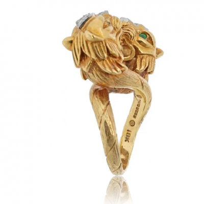 David Webb DAVID WEBB PLATINUM 18K YELLOW GOLD DOUBLE HEAD LION RING