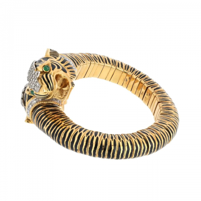 David Webb DAVID WEBB PLATINUM 18K YELLOW GOLD DOUBLE HEAD TIGER BLACK ENAMEL BRACELET
