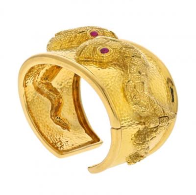 David Webb DAVID WEBB PLATINUM 18K YELLOW GOLD DOUBLE SNAKE TEXTURED CUFF BRACELET