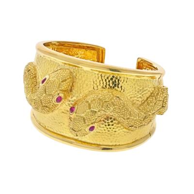 David Webb DAVID WEBB PLATINUM 18K YELLOW GOLD DOUBLE SNAKE TEXTURED CUFF BRACELET