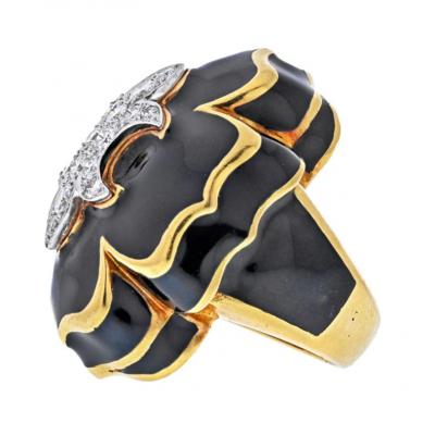 David Webb DAVID WEBB PLATINUM 18K YELLOW GOLD FLEUR DE LIS BLACK ENAMEL DIAMOND RING