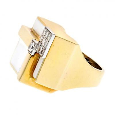 David Webb DAVID WEBB PLATINUM 18K YELLOW GOLD GEOMETRIC WHITE ENAMEL DIAMOND RING