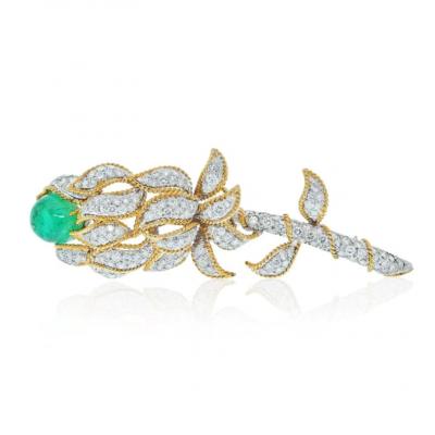 David Webb DAVID WEBB PLATINUM 18K YELLOW GOLD GREEN EMERALD AND DIAMOND FLOWER BROOCH