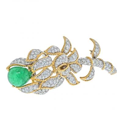 David Webb DAVID WEBB PLATINUM 18K YELLOW GOLD GREEN EMERALD AND DIAMOND FLOWER BROOCH