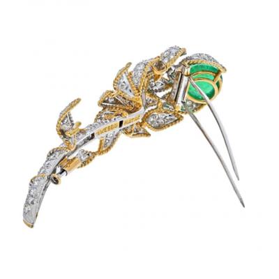 David Webb DAVID WEBB PLATINUM 18K YELLOW GOLD GREEN EMERALD AND DIAMOND FLOWER BROOCH