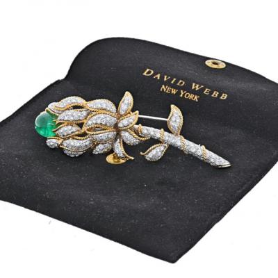 David Webb DAVID WEBB PLATINUM 18K YELLOW GOLD GREEN EMERALD AND DIAMOND FLOWER BROOCH