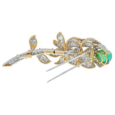 David Webb DAVID WEBB PLATINUM 18K YELLOW GOLD GREEN EMERALD AND DIAMOND FLOWER BROOCH