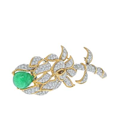 David Webb DAVID WEBB PLATINUM 18K YELLOW GOLD GREEN EMERALD AND DIAMOND FLOWER BROOCH