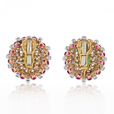 David Webb DAVID WEBB PLATINUM 18K YELLOW GOLD GREEN EMERALD RUBY AND DIAMOND EARRINGS