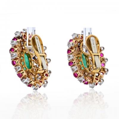 David Webb DAVID WEBB PLATINUM 18K YELLOW GOLD GREEN EMERALD RUBY AND DIAMOND EARRINGS