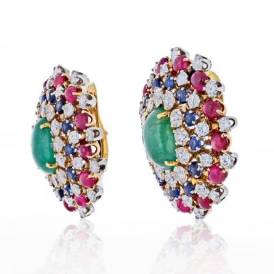 David Webb DAVID WEBB PLATINUM 18K YELLOW GOLD GREEN EMERALD RUBY AND DIAMOND EARRINGS