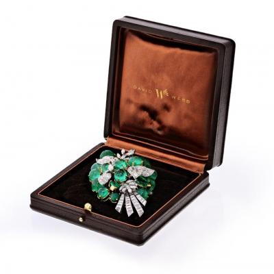 David Webb DAVID WEBB PLATINUM 18K YELLOW GOLD GREEN EMERALDS DIAMONDS WITH BOX BROOCH