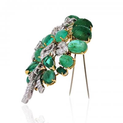 David Webb DAVID WEBB PLATINUM 18K YELLOW GOLD GREEN EMERALDS DIAMONDS WITH BOX BROOCH