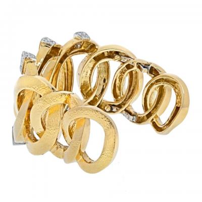 David Webb DAVID WEBB PLATINUM 18K YELLOW GOLD HAMMERED DIAMOND OPEN LINK CUFF BRACELET