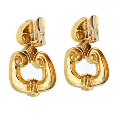 David Webb DAVID WEBB PLATINUM 18K YELLOW GOLD HAMMERED DOOR KNOCKERS EARRINGS