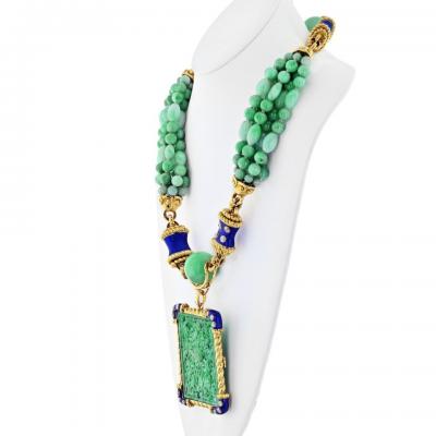 David Webb DAVID WEBB PLATINUM 18K YELLOW GOLD JADE DIAMOND BLUE ENAMEL NECKLACE