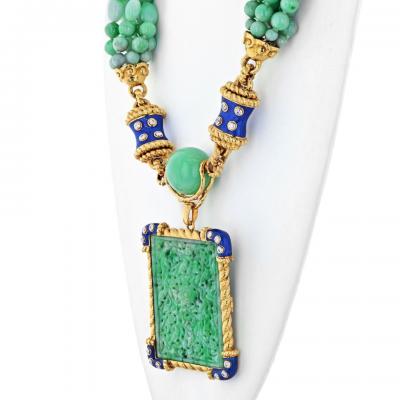David Webb DAVID WEBB PLATINUM 18K YELLOW GOLD JADE DIAMOND BLUE ENAMEL NECKLACE