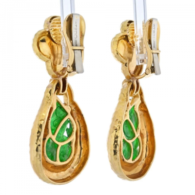 David Webb DAVID WEBB PLATINUM 18K YELLOW GOLD JADE TEARDROP DANGLING CLIP ON EARRINGS