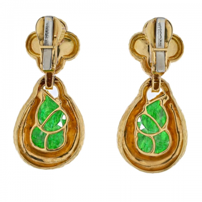 David Webb DAVID WEBB PLATINUM 18K YELLOW GOLD JADE TEARDROP DANGLING CLIP ON EARRINGS