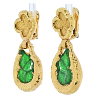 David Webb DAVID WEBB PLATINUM 18K YELLOW GOLD JADE TEARDROP DANGLING CLIP ON EARRINGS