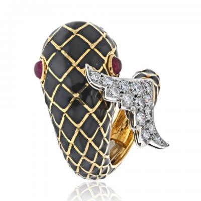 David Webb DAVID WEBB PLATINUM 18K YELLOW GOLD KOI FISH BLACK ENAMEL RING