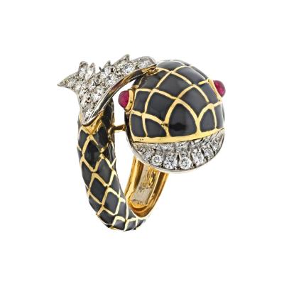 David Webb DAVID WEBB PLATINUM 18K YELLOW GOLD KOI FISH BLACK ENAMEL RING