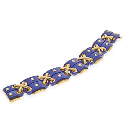David Webb DAVID WEBB PLATINUM 18K YELLOW GOLD LAPIS CROSS STITCH BRACELET