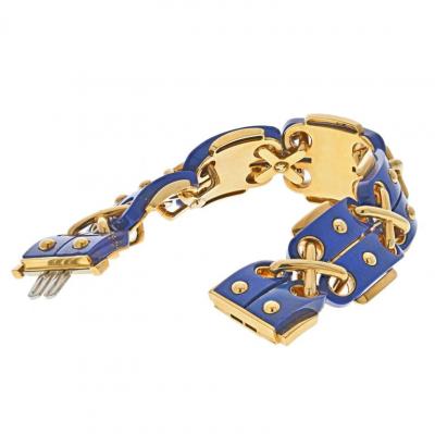 David Webb DAVID WEBB PLATINUM 18K YELLOW GOLD LAPIS CROSS STITCH BRACELET