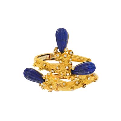 David Webb DAVID WEBB PLATINUM 18K YELLOW GOLD LAPIS VINE MOTIF DIAMOND CUFF BRACELET