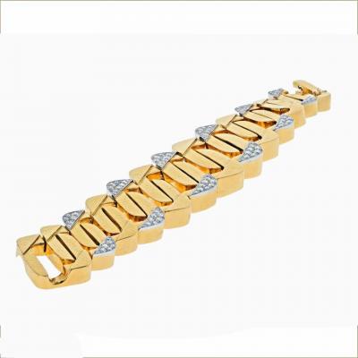 David Webb DAVID WEBB PLATINUM 18K YELLOW GOLD LARGE HAMMERED FLAT LINK DIAMOND BRACELET