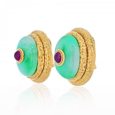 David Webb DAVID WEBB PLATINUM 18K YELLOW GOLD LARGE OVERSIZED JADE RUBY CLIP ON EARRINGS